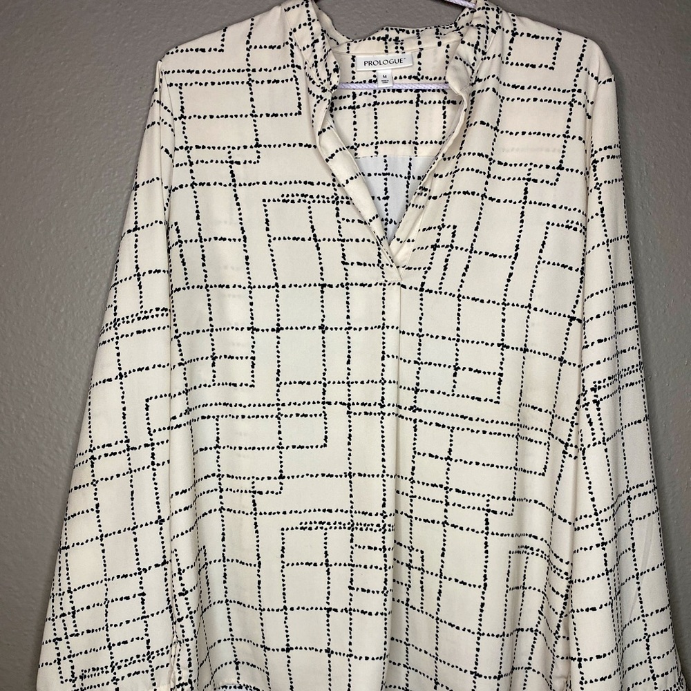 White and black print blouse